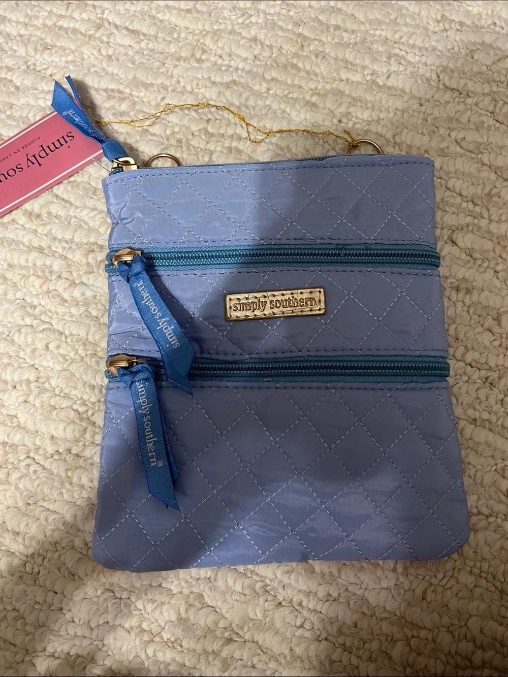Simply Southern Quilted Light Lavender Crossbody Bag with Teal Zippers